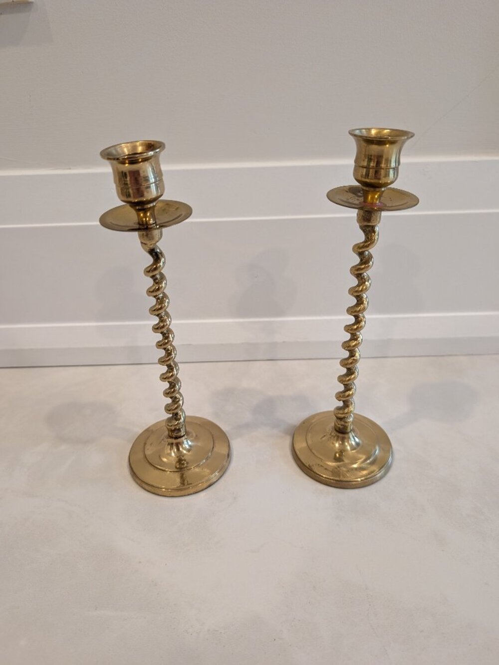 Vintage Solid Brass Barley Twist Candlestick Holders - Matching Pair